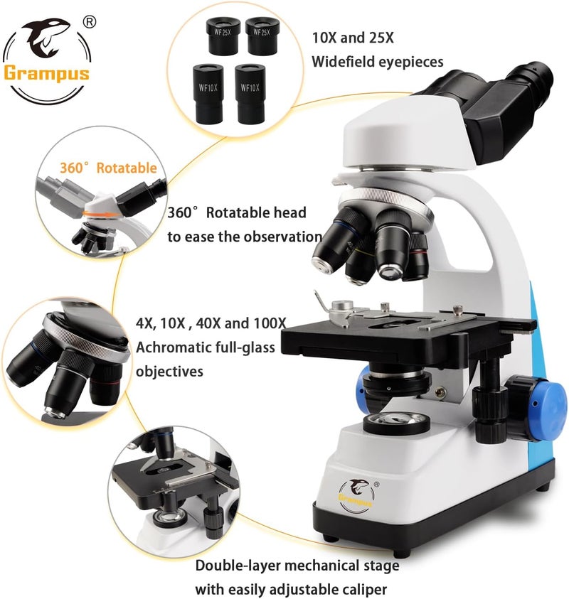 Grampus Professional Compound Binocular Microscope, WF10X WF25X Eyepieces, 40X-2500X Magnification, LED Illumination, Abbe Condenser, Double-Layer Mechanical Stage with Caliper - Image 2